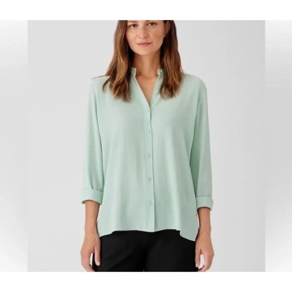 EILEEN Fisher Silk Georgette Crepe Mandarin Collar Shirt Green XL - Picture 1 of 8